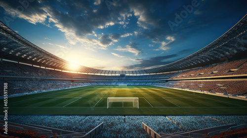 Soccer stadium grass field over sunset and empty playground. Crowdy tribunes with fans waiting teams. Illustration. AI Generative. concept of sport, championship, world cup, training, match. © Lustre