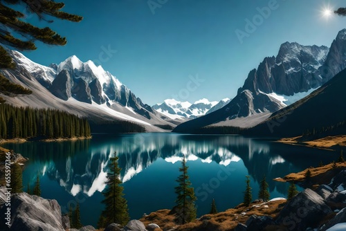 A serene lake tucked away between two massive mountains that reflects the snow-capped summits and is bordered by a thicket of pine trees.