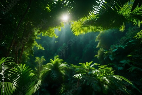 A deep tropical rainforest canopy with rays of sunlight cutting through the leaves, teeming with exotic birds and bright foliage.