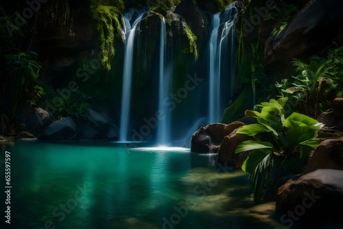 A flowing waterfall that cascades into a clear pool below is concealed behind a dense gorge.
