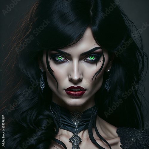 A stunningly beautiful woman with piercing green eyes and flowing black hair, dressed in a seductive vampire costume for Halloween.