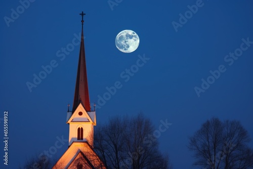 luminous winter moon over a frosty church steeple