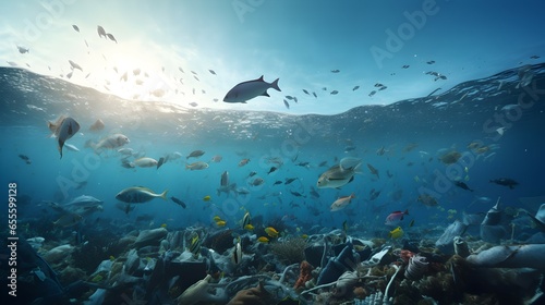 Marine life living in the dirty sea, trash under the sea