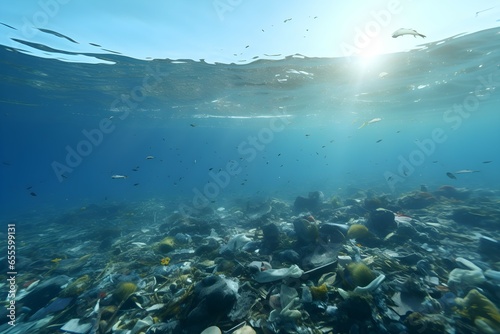 Marine life living in the dirty sea, trash under the sea © sophon21