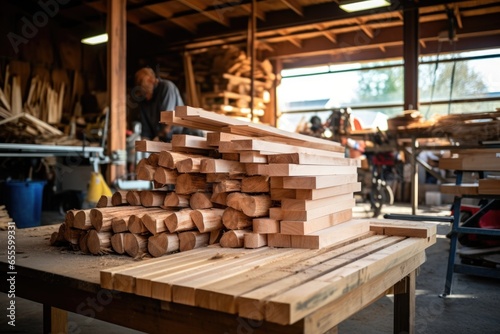pile of lumber at a woodworking station