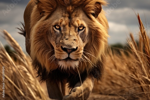 a lion stalking its prey on the savannah © altitudevisual