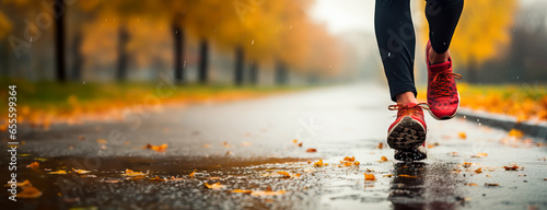 Legs, feet and shoes of a person Running or Jogging outdoors in rainy autumn weather with leaves in warm colors on the ground.  Low angle shot with shallow field of view. Concept of health and fitness