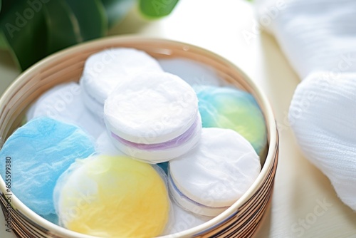 makeup remover pads in a basket with a cleaning solution