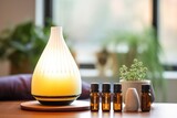 aromatherapy diffuser with bottles of medication in the background