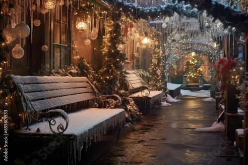 Photo icy benches twinkling under cascading christmas lights