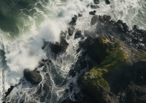 Aerial view of rocky coastline. Waves hitting in rocks. Birds eye view of the sea  cinimatic sea and moutain view. AI Generative.