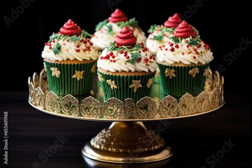 christmas decorated cupcakes on a glass stand