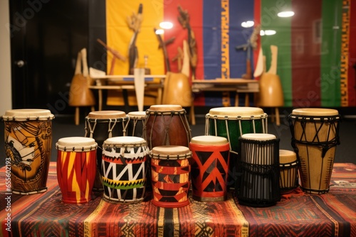 group of drums with various kwanzaa symbols