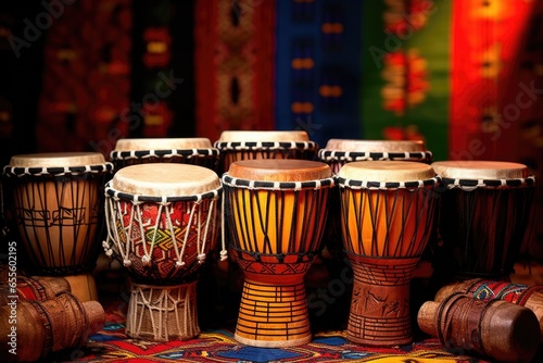 djembe drums arranged in semi-circle