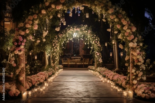 Exquisite wedding decor for nighttime outdoor ceremony. Enchanting ambiance adorned with flowers, street lights, and garlands. Generative AI