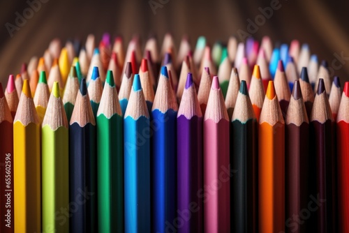 variety of colored pencils arranged neatly on a desk