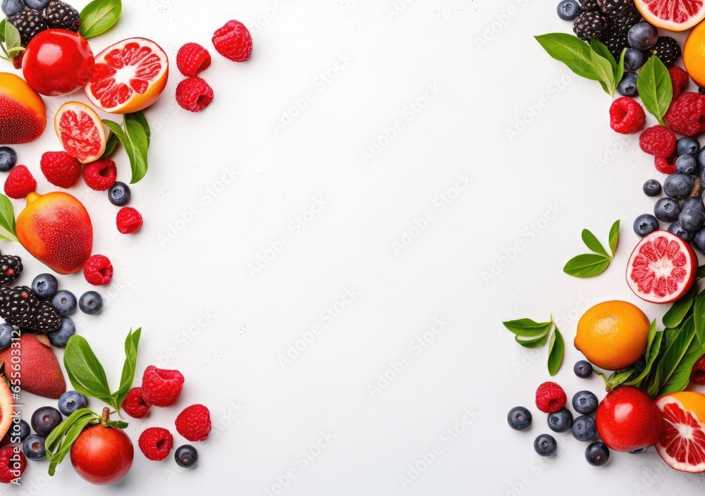 Frame of fresh berries on white background. copy space of berry frame. AI Generative. Frame of fresh berries on white background. copy space of berry frame. AI Generative.