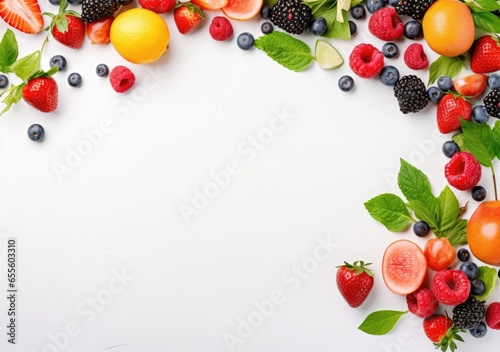 Frame of fresh berries on white background. copy space of berry frame. AI Generative.