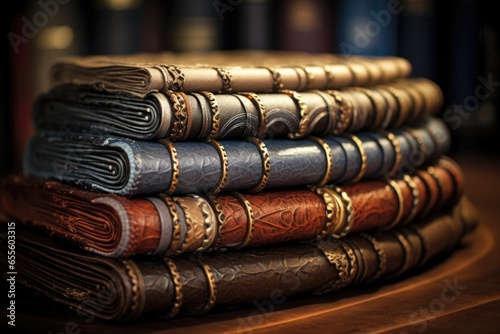 stack of vintage leather-bound books arranged in a spiral