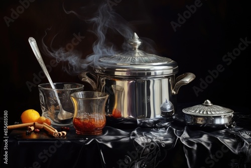 silver pot filled with boiling sugar syrup for sweets