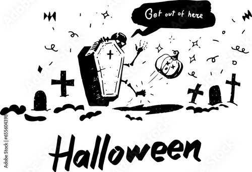 The skeleton climbs out of the grave and knocks the pumpkin away. Cute creepy character. Halloween, spooky, horror, holiday concept. Hand drawn modern Vector illustration. Isolated design element. 