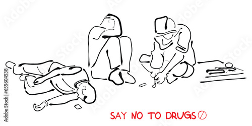 Drug abuse vector art. Friends and colleagues partying and abusing drugs. Anti drug awareness art.