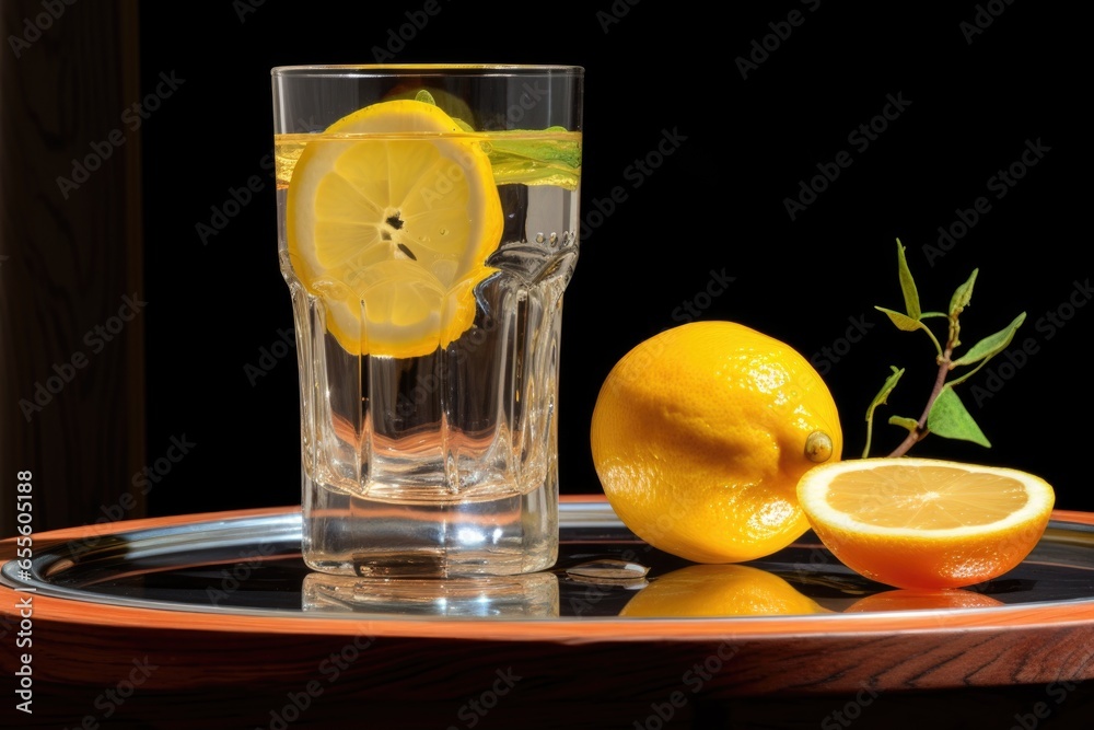 Fototapeta premium clear glass of water with a slice of lemon on a rostrum