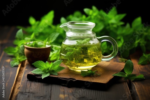 green herbal tea in a transparent teapot on a wooden table with fresh mint leaves