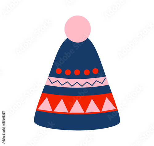 Blue winter patterned hat with pompom, flat vector. Knitted headwear. Cozy season.