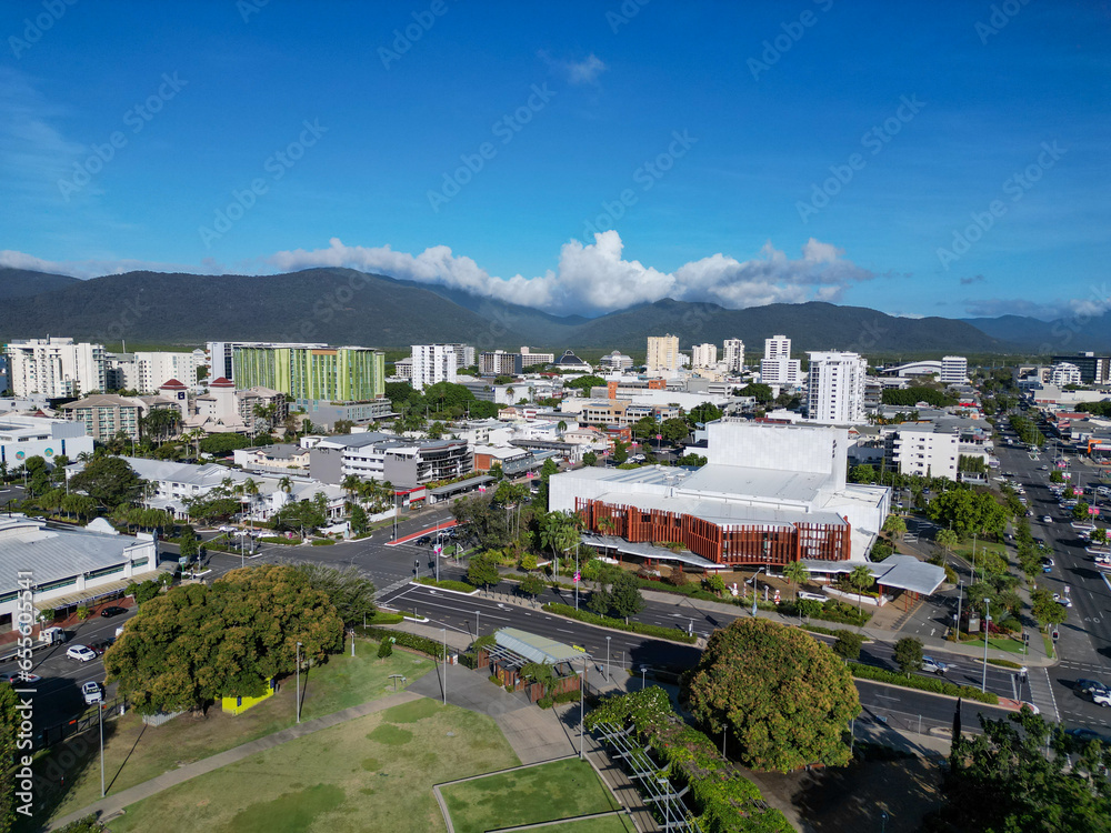 Aerial view of Cairns CBD and Preforming arts Centre in Martin Munro park