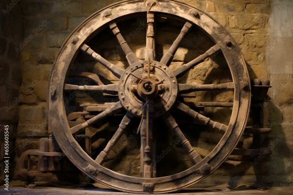 Hydraulic wheel used in a factory during the 19th century. Generative AI