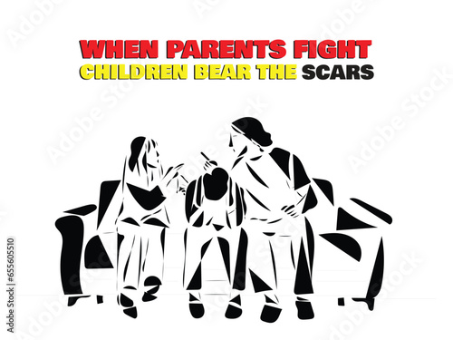 illustration of a silhouette of a couple fighgting. parents conflicts can impact mental health of kids. awareness for mental health and abusive relationships. line art vector