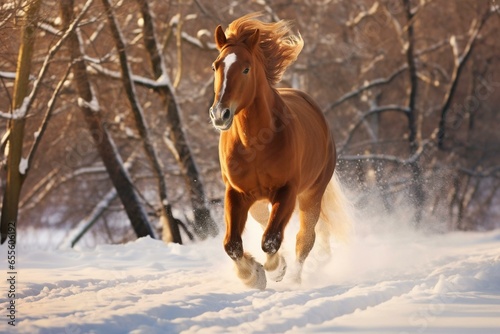 Winter gallop of a chestnut horse. Generative AI