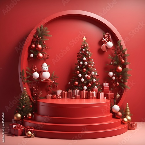 Red Christmas background with Christmas tree photo