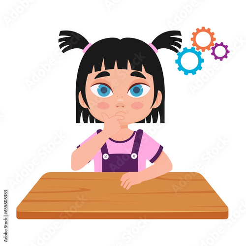 The girl is thinking sitting at her desk