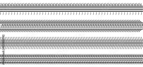 Machinery tires track set, tire ground imprints isolated, vehicles tires footprints, tread brushes, seamless transport ground trace or marks textures, wheel treads - vector