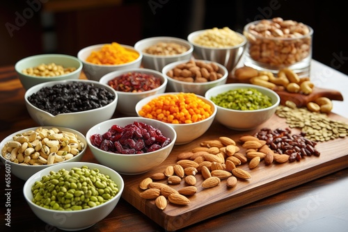 assorted nuts, seeds & dried fruits prepared for snacks