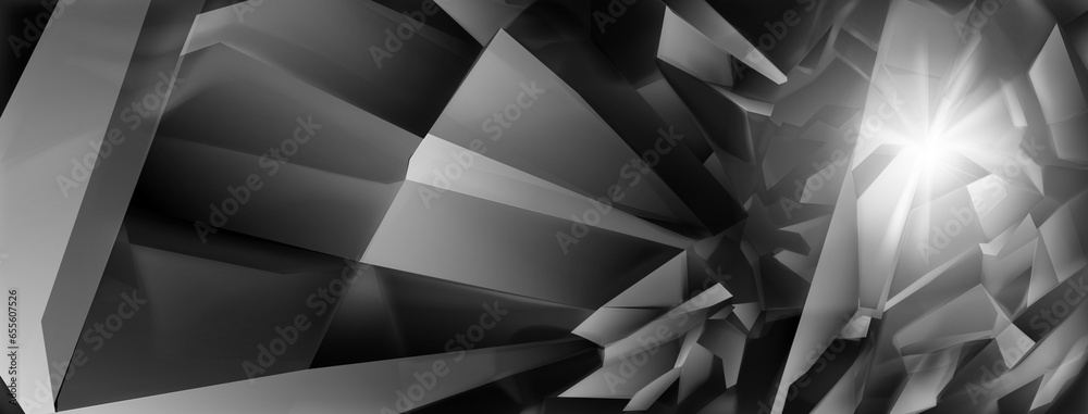 Abstract crystal background in black and gray colors with highlights on the facets and refracting of light - obrazy, fototapety, plakaty 
