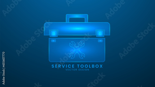 Service toolbox or tool box. Tool storage box for housework. Vector illustration with light effect and neon