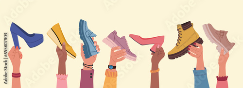 Diverse multiracial hands holding modern shoes different models and colors. Hand drawn vector illustration isolated on brown background. Flat cartoon style. photo
