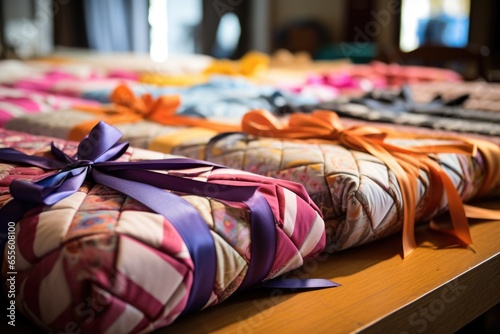 homemade quilts rolled and tied with ribbons for charity offering