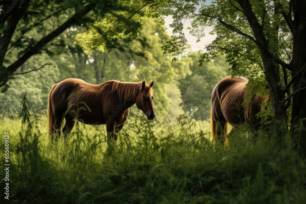 Fototapeta premium two horses grazing side-by-side in a lush pasture