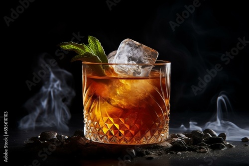 A smoky rum cocktail with ice cubes, placed against a dark backdrop. Generative AI