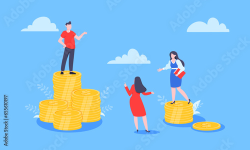 Salary and gender Inequality gap between women and men business concept flat style design vector illustration. Man and woman stand on its level of money incomes. Wealth and poor comparison.