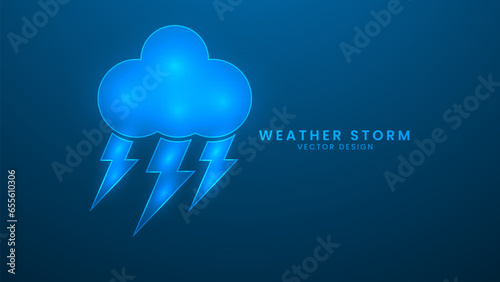 Weather storm. Rain clouds and lightning bolts in the weather forecast. Vector illustration with light effect and neon