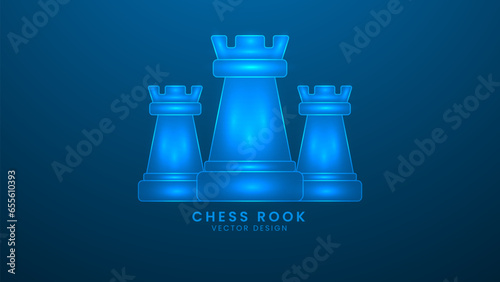 Chess rook piece Strategic business game or hobby. Vector illustration with light effect and neon