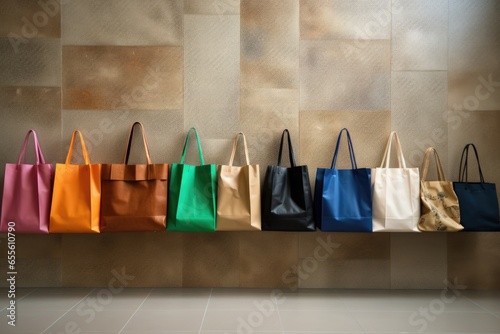shopping bags lined up against a plain wall photo