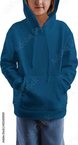 Mockup of a blue hoodie with a pocket on a girl in jeans, png, front view