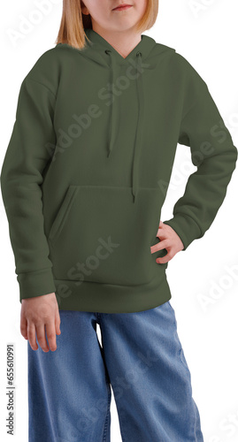 Mockup green, khaki, army hoodie with a pocket on a girl in jeans, png, front view