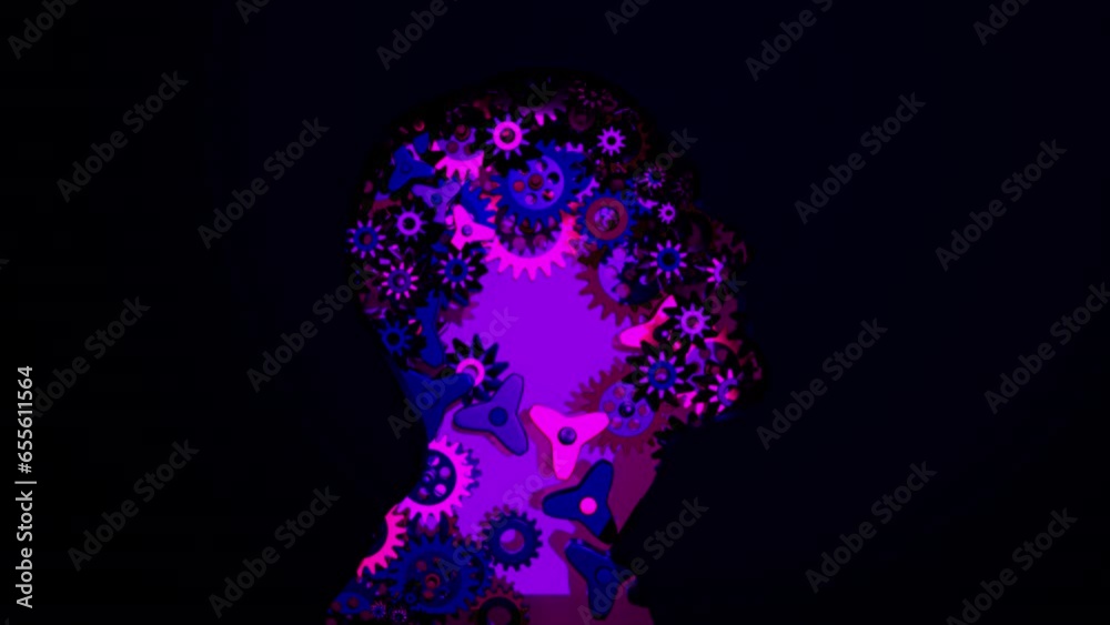Human Head Silhouette And Gears Working With Together Deep Neo, Animation.Full HD 1920×1080. 05 Second Long. Human Head Silhouette And Gears Working With Together Deep Neo, Animation.Full HD 1920×1080. 05 Second Long.